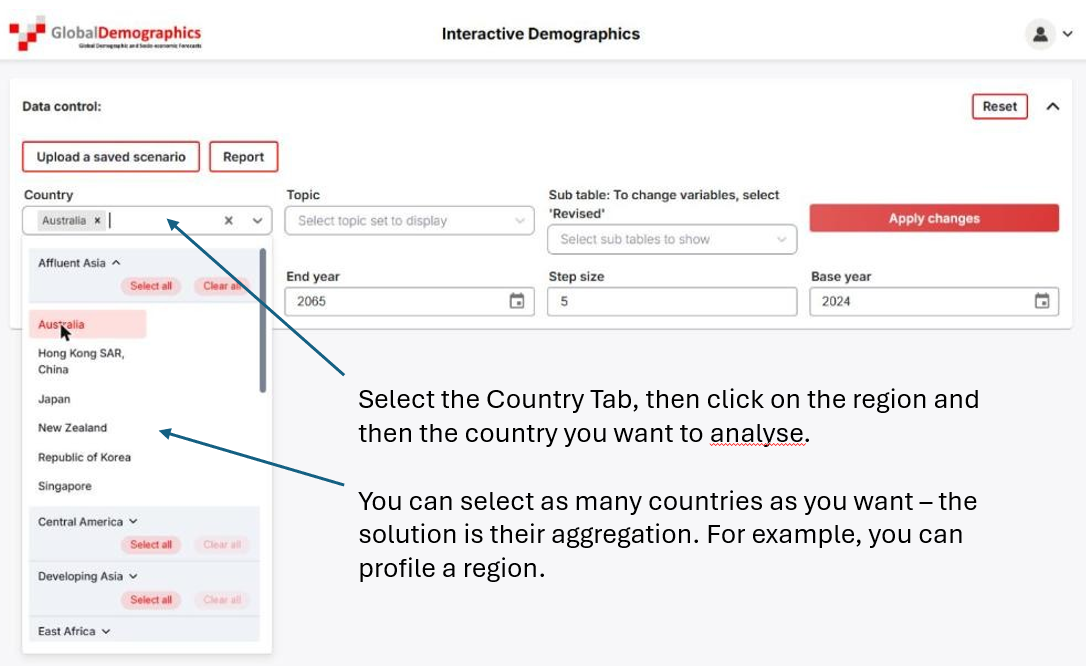 The country selection panel, with the region and country lists open
